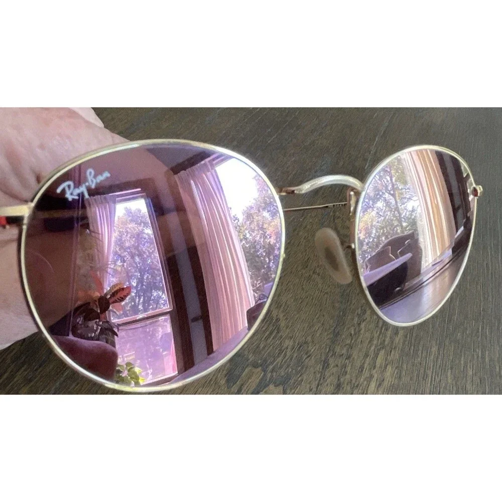 Ray-Ban RB 3447-N Round Metal Sunglasses Gold Frame Mirrored Pink Glass Lens